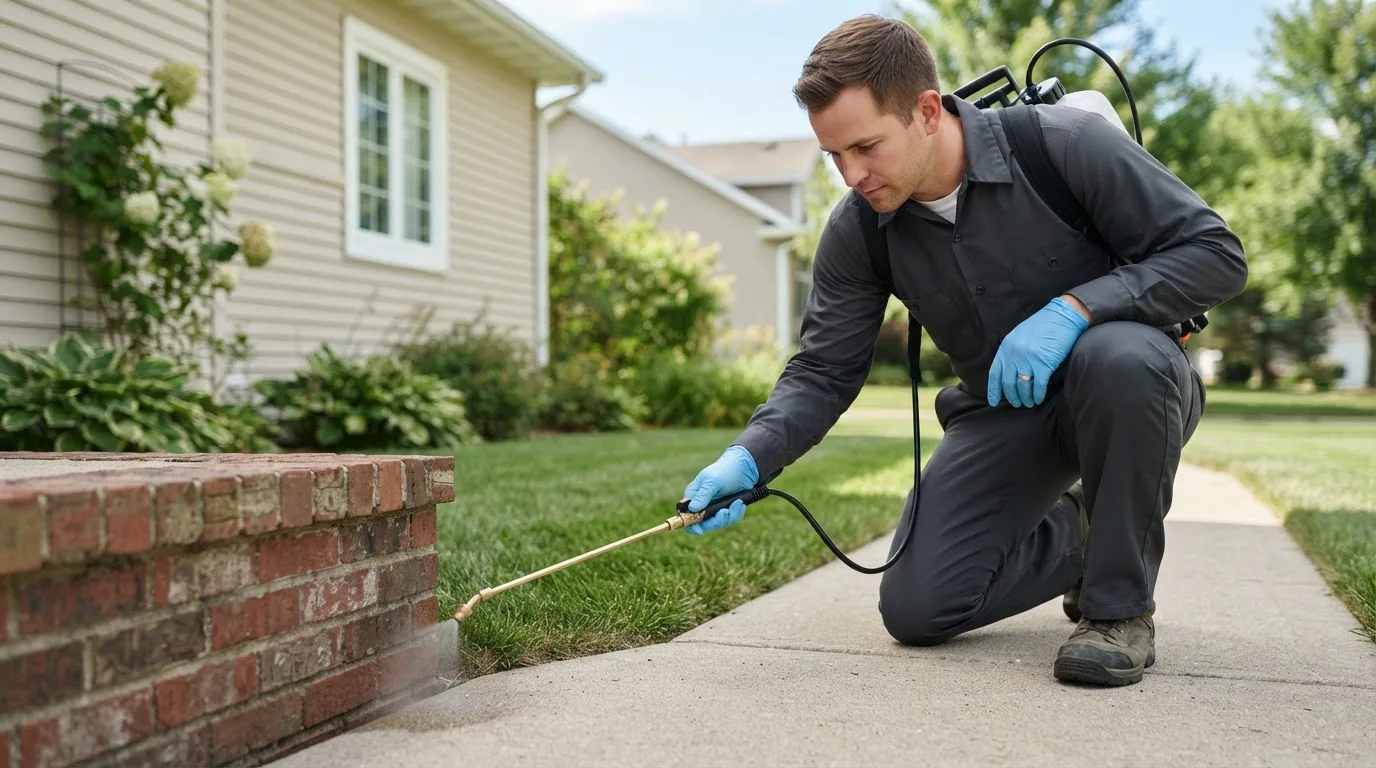 Pest control technician treating a home near Moorhead, MN