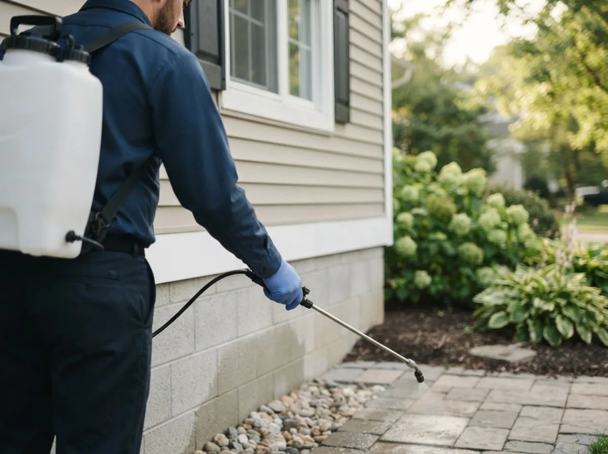 Pest control technician inspecting a home in Moorhead, MN